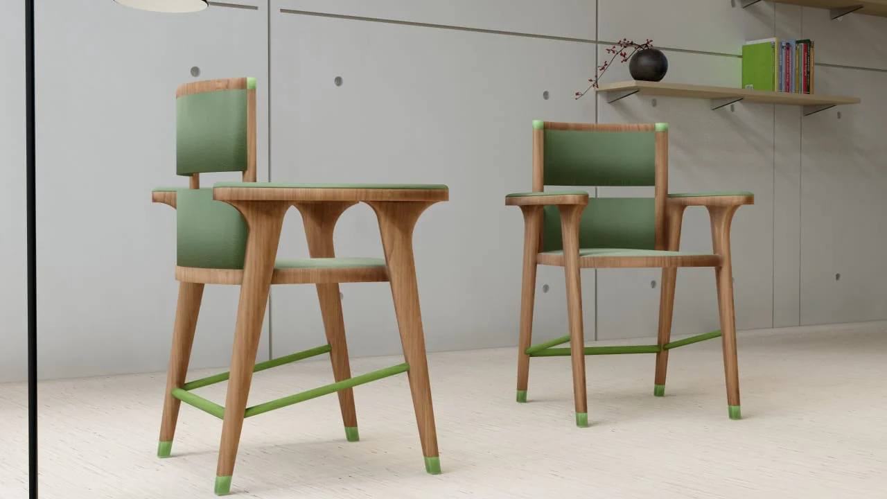 Front and rear views of custom green upholstered solid wood armchairs in a bright interior