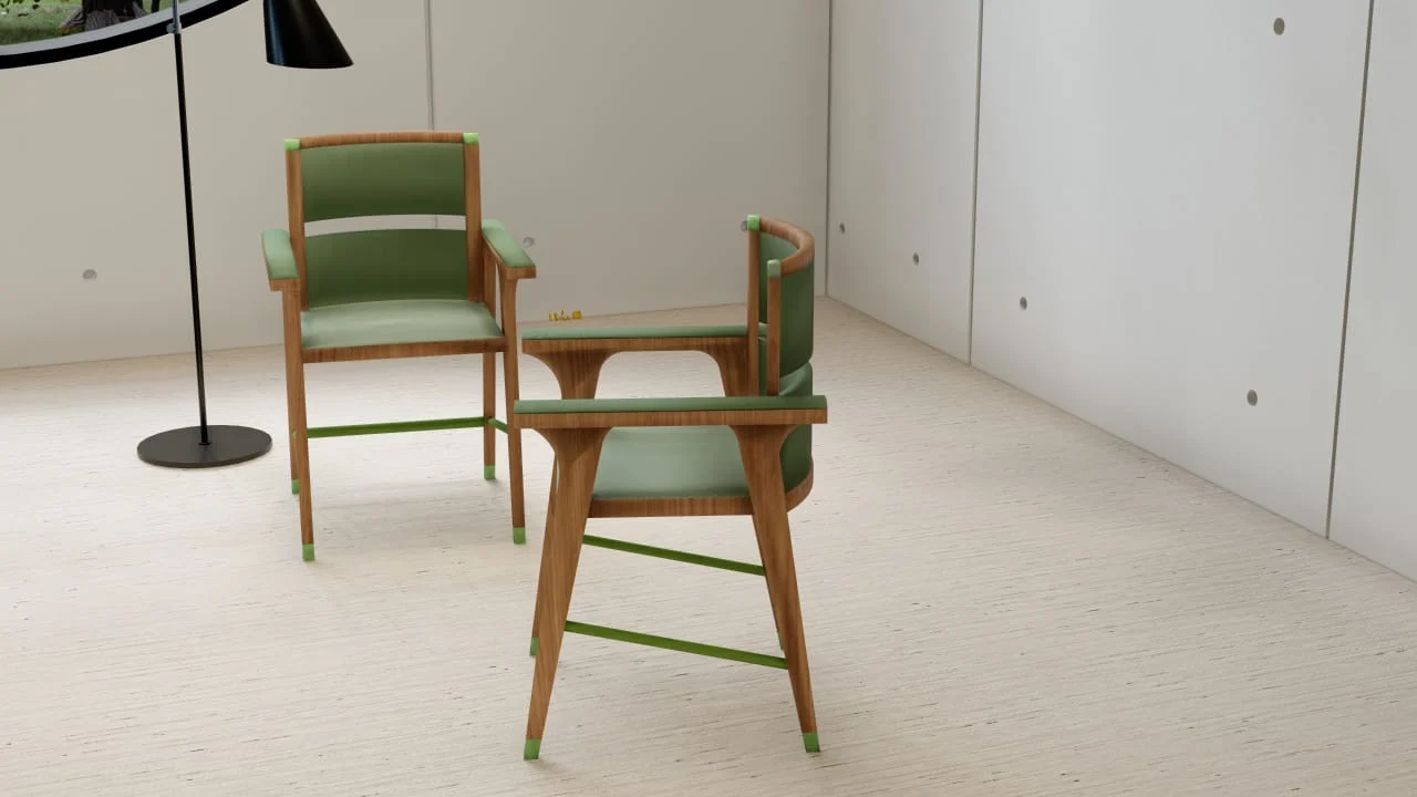 Three-quarter views of custom green upholstered solid wood chairs showing their proportions