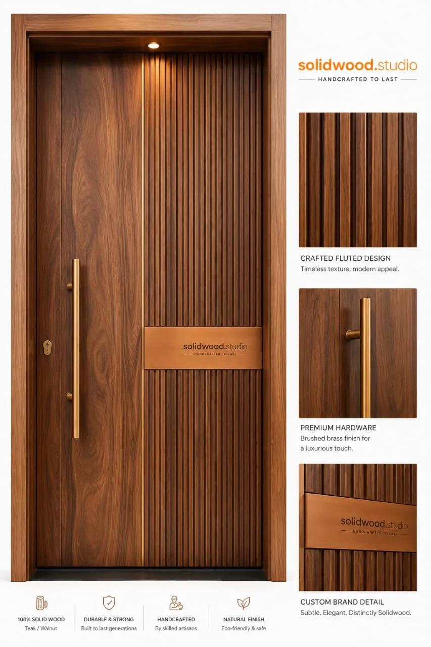Premium fluted solid wood entrance door with brass handle and solidwood.studio branding details