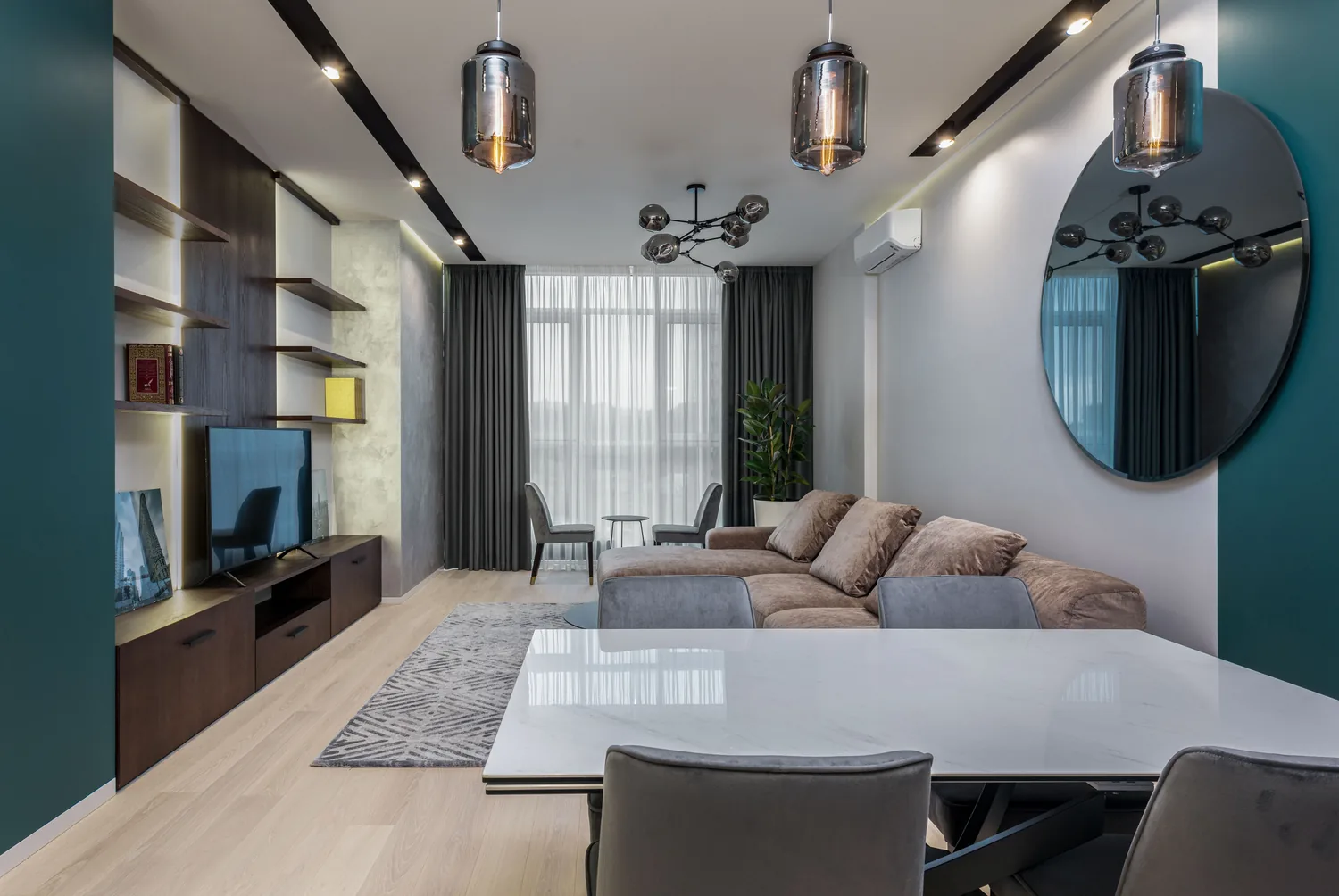 Contemporary living room with a crafted wooden media unit