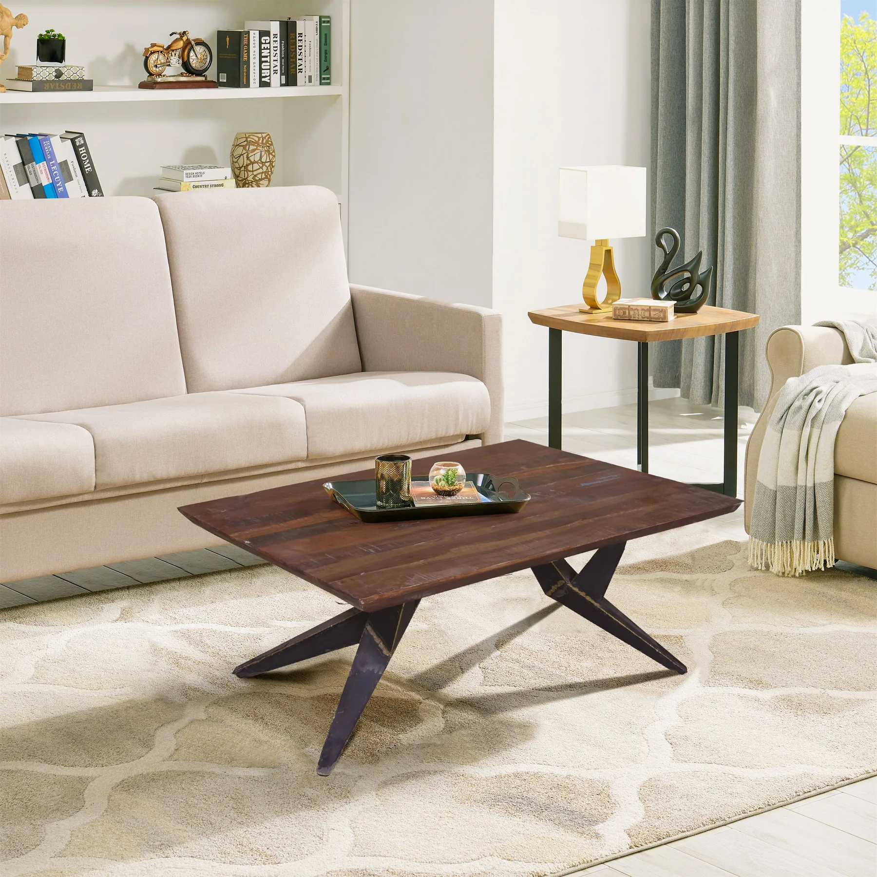 Modern solid wood coffee table with sculptural joinery in a contemporary room