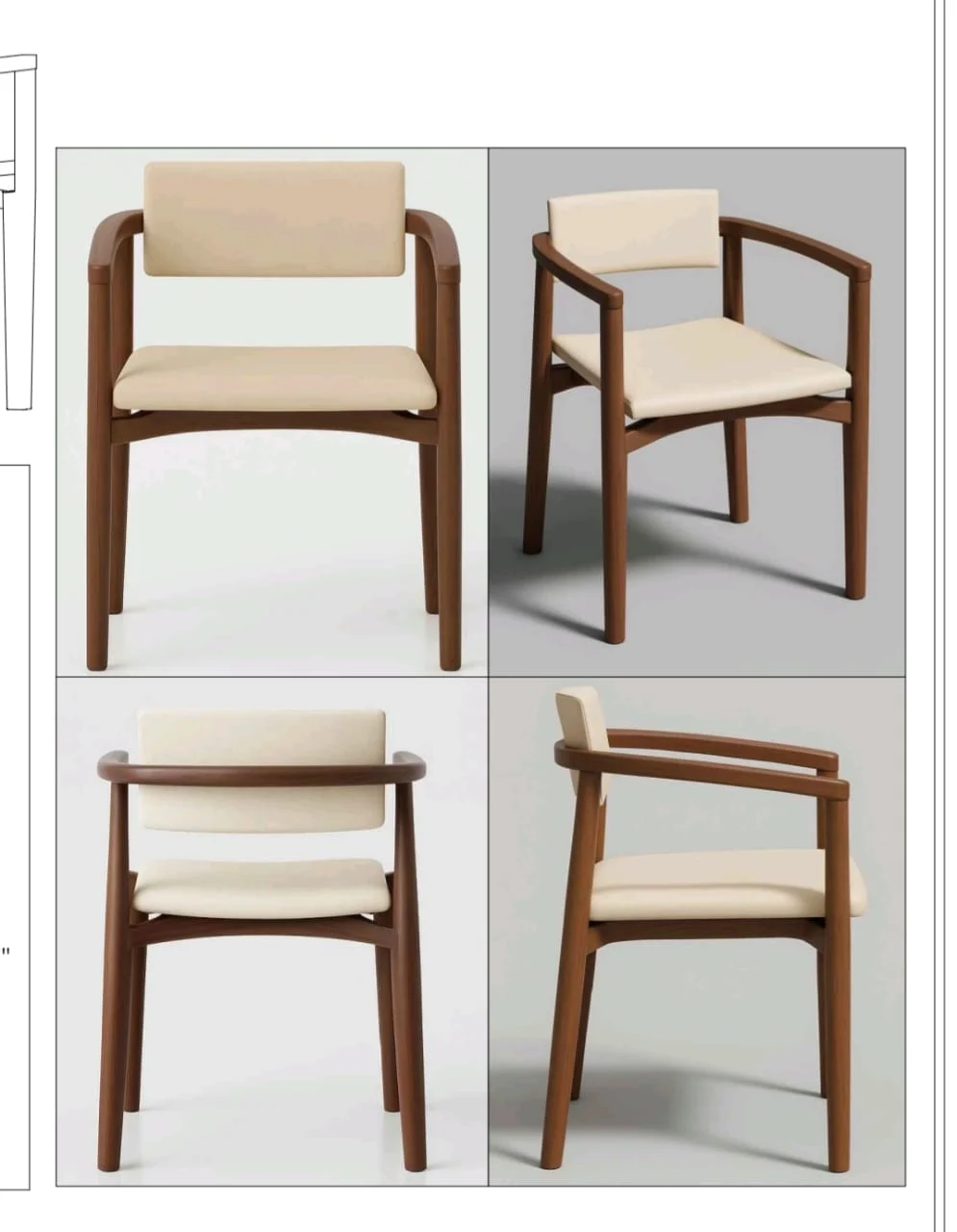 Four-view design study of a solid wood armchair with light upholstered seat and backrest